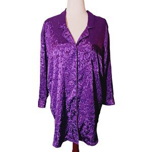 VTG Lucie‎ Ann II Purple Satin Floral Longsleeve Button-Up Collared Nightshirt M